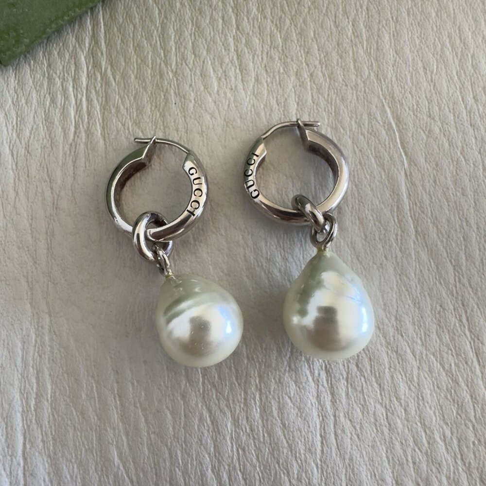 NEW GUCCI HOOP EARRINGS WITH PEARL DROPS 925 Sterling Silver - Picture 8 of 9